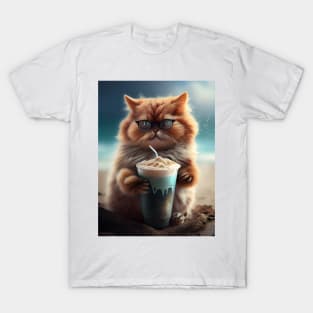 Cute Cat Drinks Coffee at the beach T-Shirt